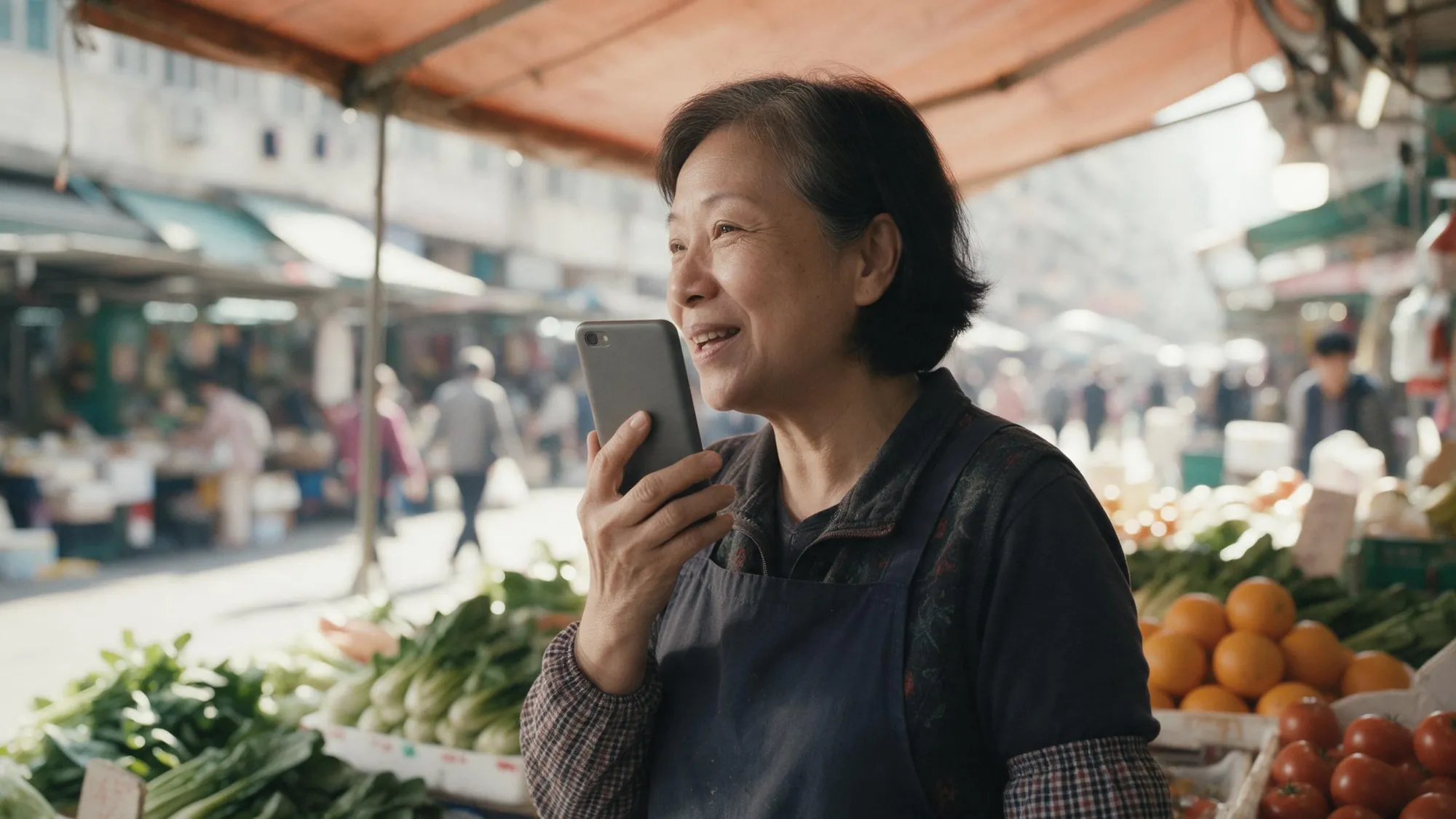 街市檔主喺橙色帆布篷下面，拎住手機講 voice message