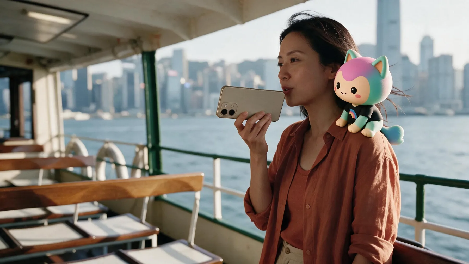 天星小輪下層,一位女士對住手機講廣東話 voice message,後面係維港